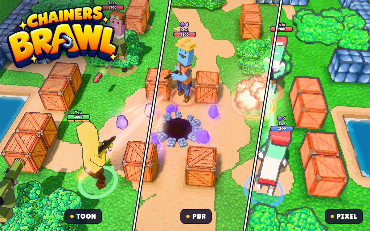 Chainers Brawl: four voxel Chainers fighting over purple gems round the mine in the middle of the arena, shown side by side in toon, physically based and pixel-art styles
