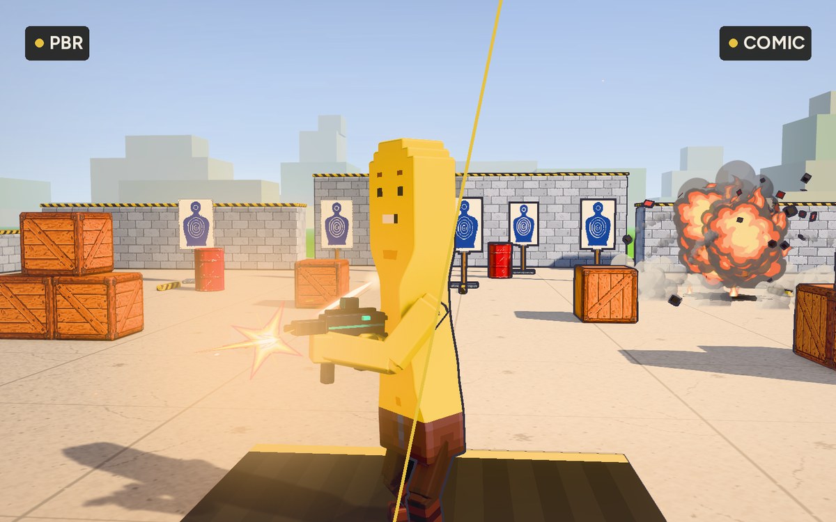 Gaptooth, a yellow voxel character, holding a compact SMG on the test range, split between physically based lighting and the comic style
